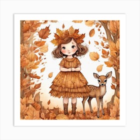 Beautiful Little Girl Autumna Dress Made Of Leaveswith A Beautiful Fawnmagicallyrefined Detaile Art Print