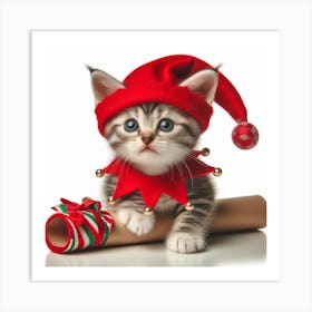 Christmas Kitten In Santa Hat 1 Art Print