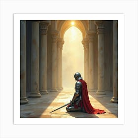 Paladin In Shining Armor Kneeling In A Cathedral With Light, Watercolor 1 1 Art Print