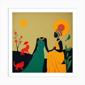 Two Women And A Cat Art Print