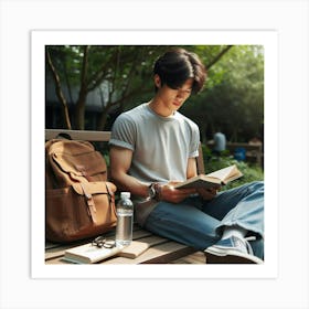 Asian Student Reading A Book Art Print