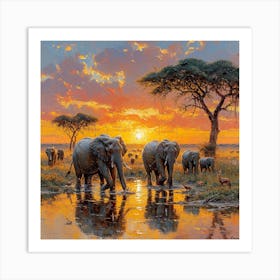Sunset Elephants 2 Art Print
