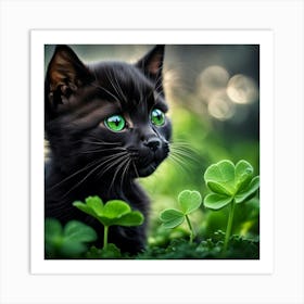 Lucky Black Cat In Clover Art Print