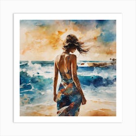 Woman Walking On The Beach Art Print