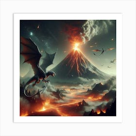 Dragon Flying Over Volcano Art Print