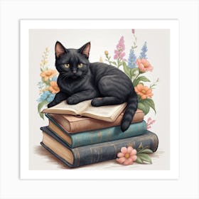 Black Cat On Books Canvas Print Art Print