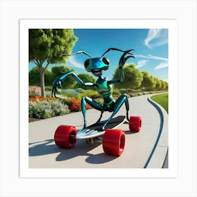 A Giant, Iridescent Blue And Green Ant, With Six Long, Muscular Legs On A Skateboard 2 Art Print