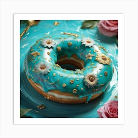 Turquoise Donut Adorned With Intricate Floral Patterns Highlighted With Gold Trim Capturing From Art Print