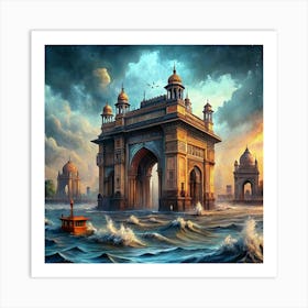 An Ancient Gateway Submerged In The Sea With Waves Crashing Around It Art Print