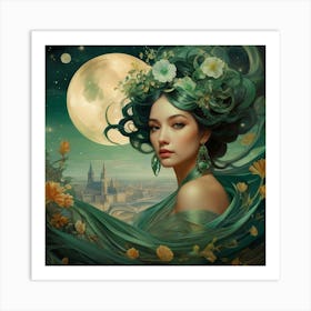 Woman With Green Hair And Flowers Art Print