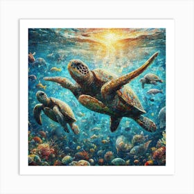 Sunset Sea Turtle Mosaic Art Print