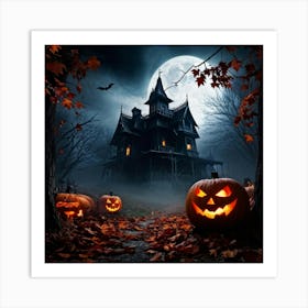 A Fiercely Blazing Haunted House Banner Devilishly Shadowed And Skittish Across The Eerie Pattern O Art Print