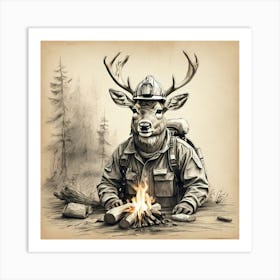 Deer At The Campfire 1 Art Print