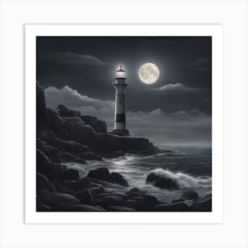 A Picturesque Lighthouse Standing Tall On A Rocky Coastline, Guiding Ships At Night 3 Art Print