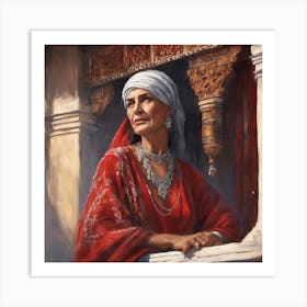 Old Arab woman wearing a red Moroccan Caftan and a beautiful silver necklace Art Print