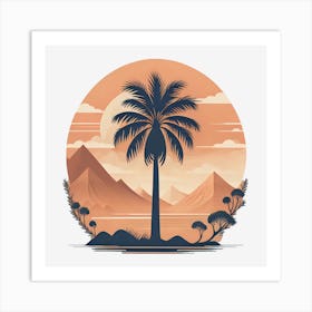 Retro Style Illustration Of A Palm Tree And Mountains, Peach Tones Generated By Ai Art Print