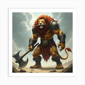 A Fierce Lion Man Warrior Wielding A Massive Battle Axe 1 Art Print