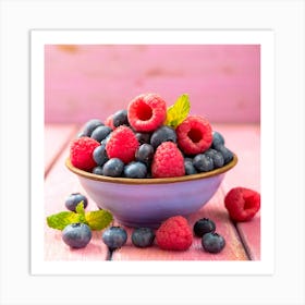 A Bowl Fruits With Raspberries And Blueberries On A Rustic Pink Wooden Background Art Print