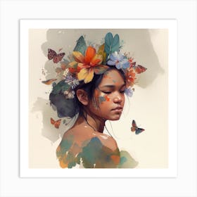 Watercolor Floral Indonesian Native Woman #1 Art Print