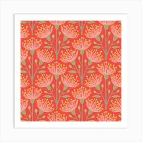 AUSTRALIAN EUCALYPTUS Floral in Pink Orange Green Yellow on Coral Orange Art Print