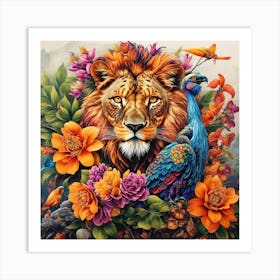 Lion And Peacock Art Print