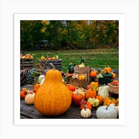 An Autumnal Photography Arrangement Depicting A Vibrant Orange Gourd Amidst A Thanksgiving Meal Sett 2 1 Art Print