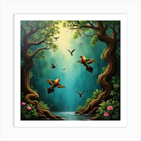 Hummingbirds In The Rain Forest Art Print