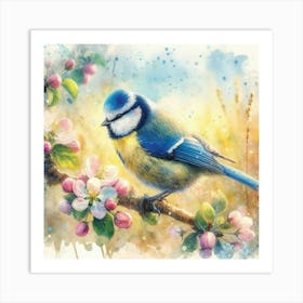 Nature-inspired Watercolor: Blue Tit, Apple Blossoms, and Soft Splatter Background. Art Print