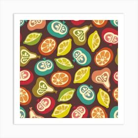 JUICY FRUITS Retro Plump Ripe Fruit Apple Pear Lemon Lime Orange Citrus in Vintage Colours on Brown Art Print