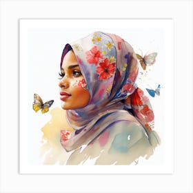 Watercolor Floral Muslim Arabian Woman #1 Art Print