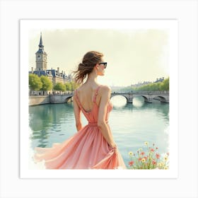 Elegant French Woman By The Seine, Watercolor With Tranquil And Dreamy Colors 1 Art Print