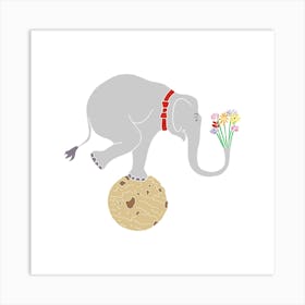 Elephant Balancing On Cookie With Flowers, Fun Circus Animal, Cake, Biscuit, Sweet Treat Print, Square Art Print