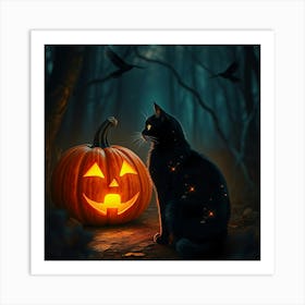 Black Cat With Pumpkin In Forest - Diverse Art Illustration 20 Art Print