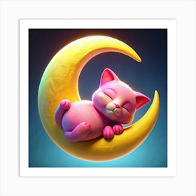 Pink Cat Sleeping On The Moon Art Print