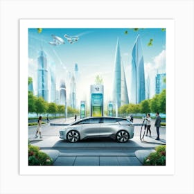 Illustration Depicting A Sleek Futuristic Electric Vehicle At A Central Charging Station Buzzing W 1 Art Print