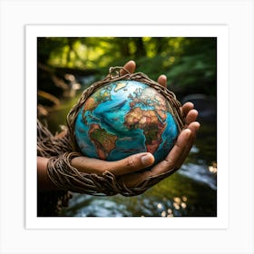 A Hand Of Earthy Brown Weaves Cradling A Detailed Miniature Globe Veins And Tendons Popping Against (3) Art Print