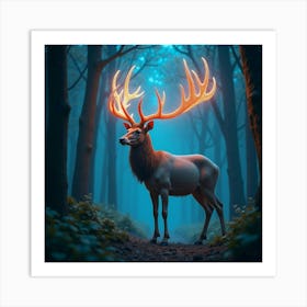 A Surreal Stag With Antlers Of Cascading, Bioluminescent Patterns Standing In A Mystical Forest Art Print