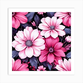 Floral Fantasia A Vibrant Pattern Bursting With Baby Pink White And Dark Pink flowers Pink Flowers On Black Background 1 Art Print