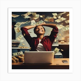 Woman With Money Falling On Her Head Art Print