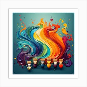 Colorful Paint Brushes On A Blue Background Art Print