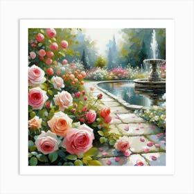 Roses In The Garden With The Fountain, Acrylic Style Painting 3 Art Print