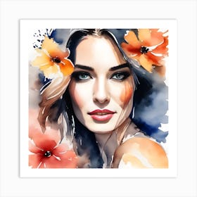 Watercolor Portrait Of A Woman With Flowers Art Print