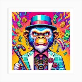 "Crypto Baron" - Immerse yourself in the vivid world of digital wealth with this electrifying artwork. A visually striking piece, it portrays a regal ape, decked out in a dapper suit and hat, exuding the bold confidence of a cryptocurrency mogul. Symbols of affluence like Bitcoin float around, against a backdrop of neon grids and pulsating patterns that scream cyberpunk chic. This piece is a must-have for crypto enthusiasts and collectors who appreciate art that makes a statement. It's a conversation starter, a symbol of the times, and a nod to the digital age's influence on culture and style. Add this splash of color and commentary to your collection and let your space make the ultimate contemporary statement. Art Print