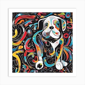 An Image Of A Dog With Letters On A Black Background, In The Style Of Bold Lines, Vivid Colors, Grap (2) Art Print