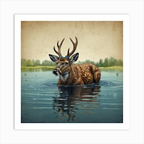 Deer In The Water 3 Art Print