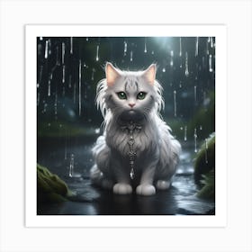 White Cat In The Rain Art Print