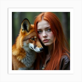 Red Haired Girl With Fox Art Print