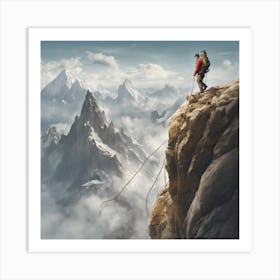 An Adventurer Climbs A High Mountain With Ropes Art Print