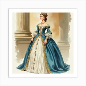 Queen Elizabeth I In Watercolor, Detailed Gown, Majestic Setting 1 Art Print