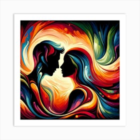 "Passion's Palette"   Two silhouettes come together in a vibrant clash of colors that swirl around them like a cosmic dance of flames and waves. This striking visual symphony captures the intensity and beauty of human connection, each hue and curve telling a story of emotion and passion. A visual celebration of love's vivid and dynamic nature, it's a piece that truly stands out. Art Print